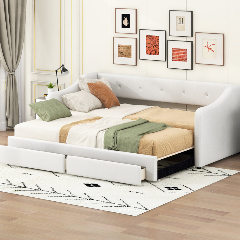 Expandable, Twin Xl To King, Beige, Upholstered Daybed, Two Drawers, Optimal Comfort For Back And Arms, No Spring Box Stylish Buttoned Design On Drawer, Foam Padding