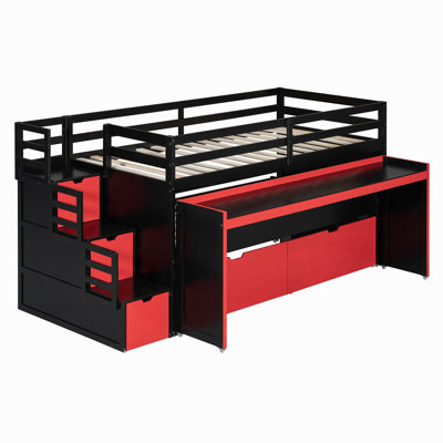 Twin XL Loft Bed with Pull-Out Desk and Twin Trundle, Multi-Functional Bunk Bed with 2 Storage Drawers and Storage Steps, Space-Saving Gaming & Workstation Bedframe, Black+Red