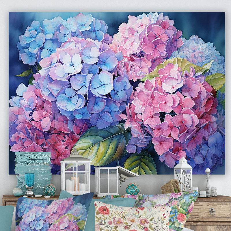 Hortensia rose et mauve coucher de soleil I - impression, H 24 po x l 32 po x P 1 po, Toile tendue
