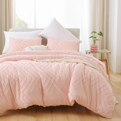 Pink Twin Size Soft Lightweight Comforter Set 2Pcs, Boho Farmhouse Vertical Tufted Blush Bedding Set for All Seasons, for Bedroom and Guest Room