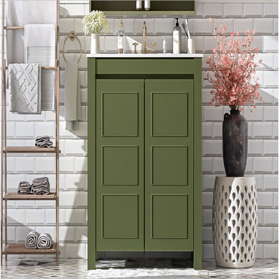 Meuble-lavabo de ferme 30 po avec lavabo en céramique, porte à fermeture en douceur, tablette réglable, armoire de rangement vert olive, structure en bois moderne, conception spacieuse et surface facile à nettoyer