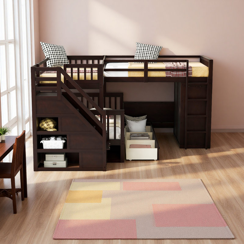 Lit superposé simple en L avec 3 tiroirs, bureau portable et garde-robe, Espresso