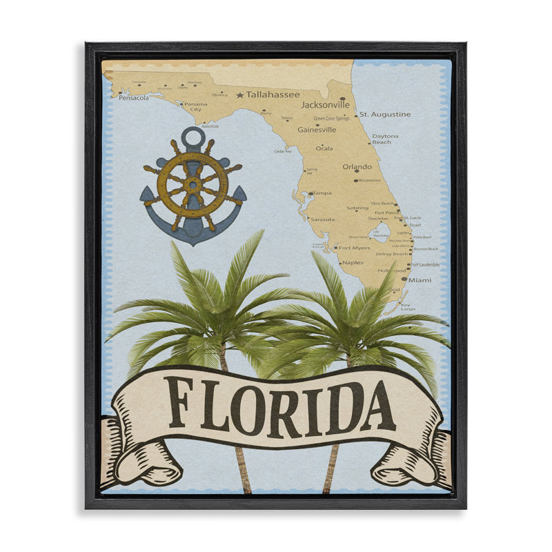 Florida Map Palm Trees Floating Frame, design by Marcus Prime, Jet Black Floater Frame, 21" H x 17" W