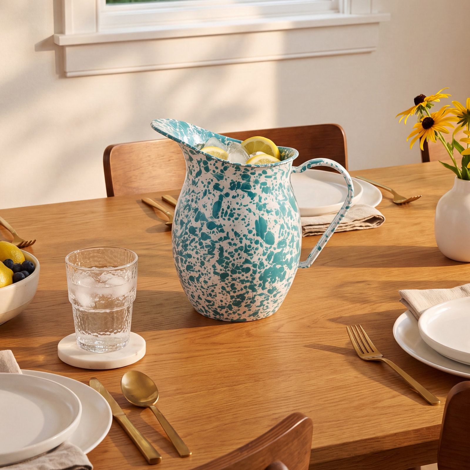 Enamelware Splatter Pitcher, Turquoise