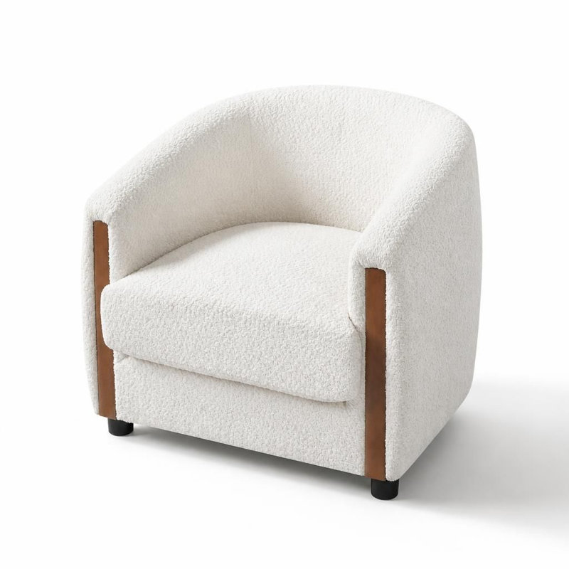 Fauteuil d'appoint moderne incurvé en forme de tonneau avec panneaux latéraux verticaux en bois massif, fauteuil rembourré en polaire douce avec coussin d'assise amovible, fauteuil lounge ergonomique