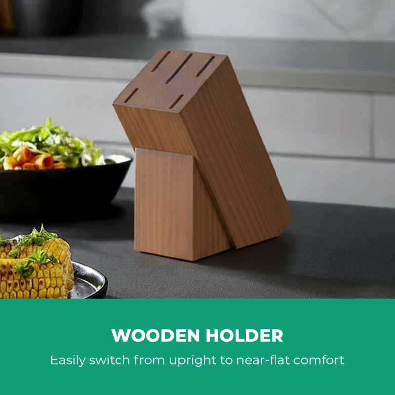 Royalford 5 Piece Kitchen Knife Wood Coating Handle with Wooden Knife Holder