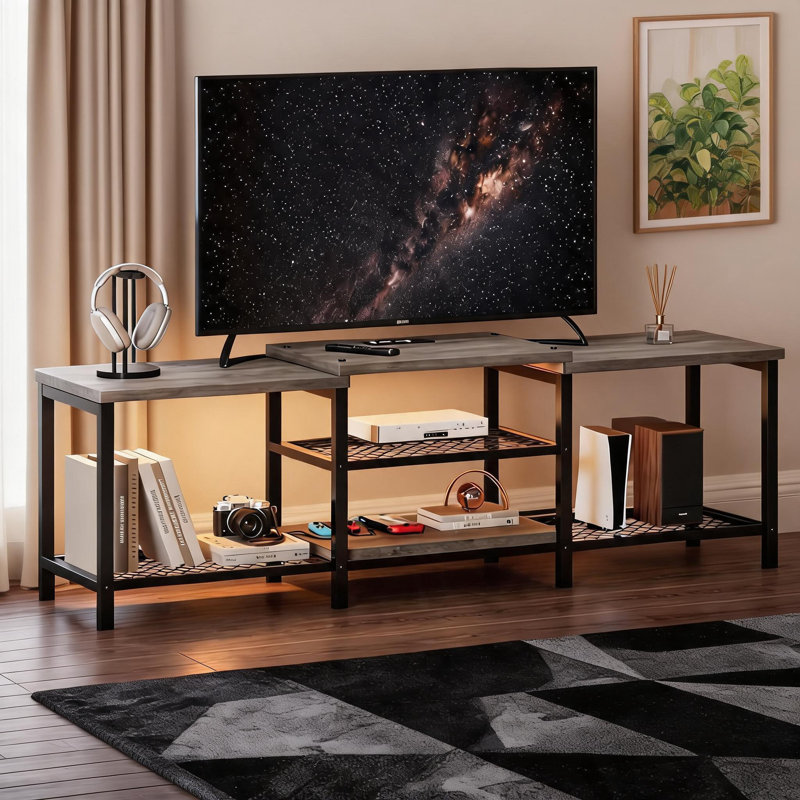 Meuble télé industriel moderne pour téléviseurs de 55 à 75 pouces - Meuble audio-vidéo avec lumières DEL, prises de courant, charge USB, tablettes de rangement ouvertes - Console multimédia de salon ou de chambre à coucher - Gris