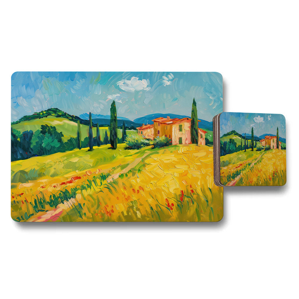 Tuscan Countryside Placemat And Coaster Set With Impressionist Art