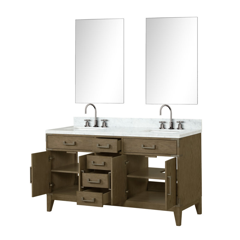 Laurel 60 in W x 22 in D Double Bath Vanity Mirrors with Faucet Set, White Carrara Marble, Grey Oak