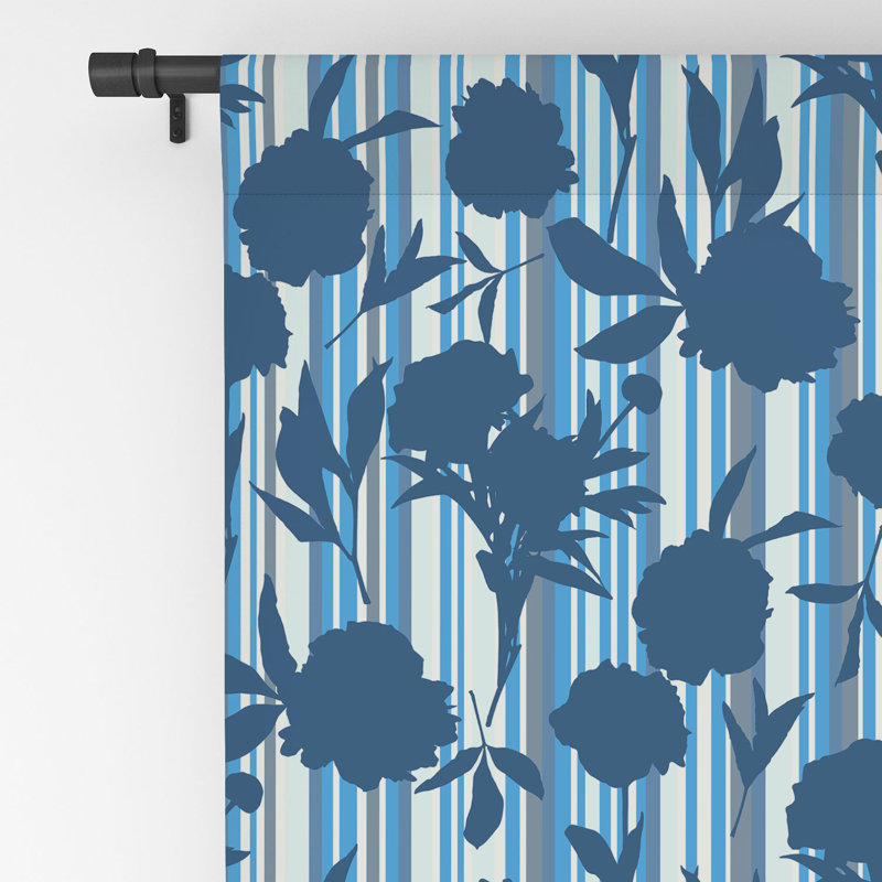 Lisa Argyropoulos Peony Silhouettes Blue Stripes 1pc Blackout Window Curtain Panel
