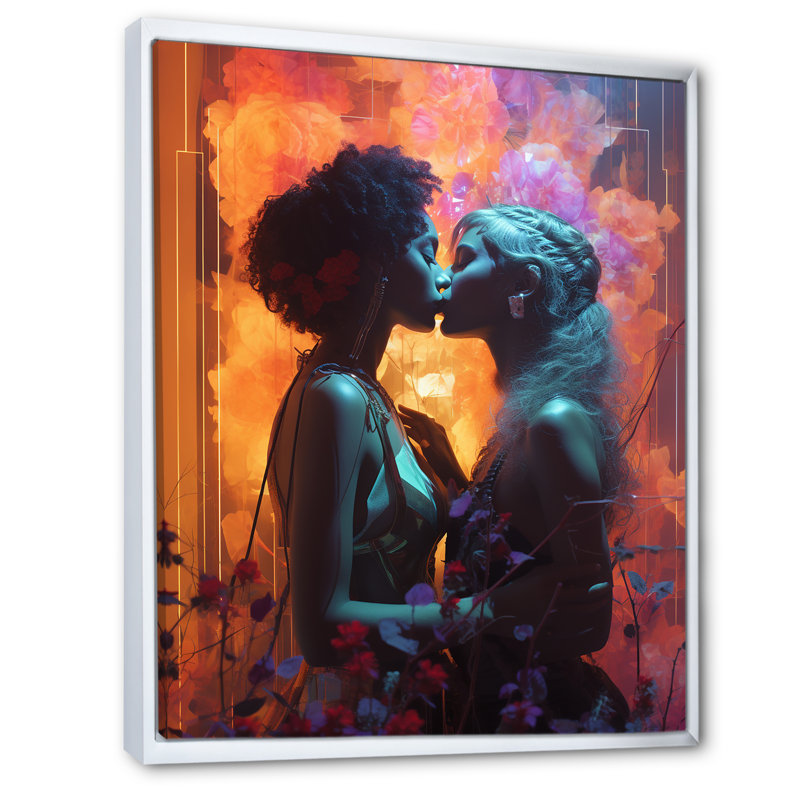 «Retro Love Couple Kissing» sur impression sur toile, 32" H x 16" W, Cadre flottant blanc