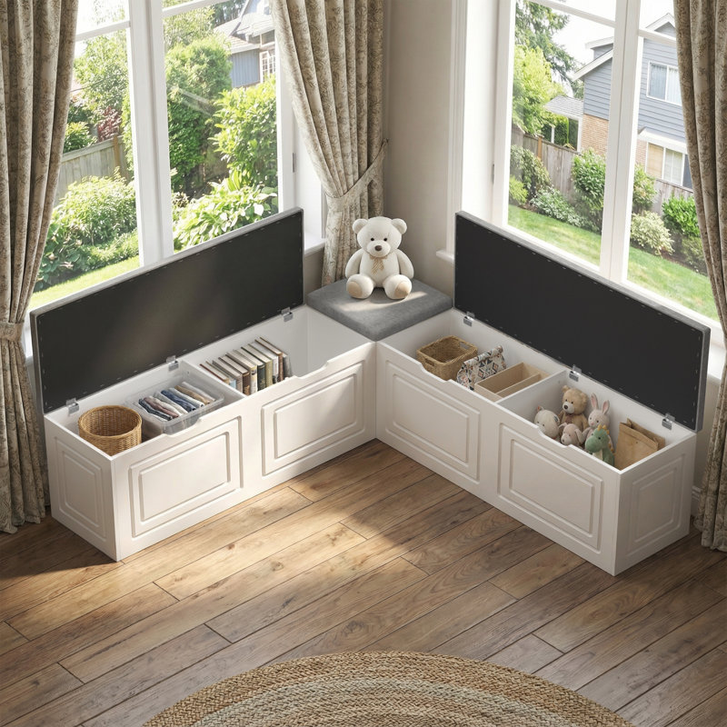Banc de rangement en L avec siège rembourré et compartiments cachés - Banc d'angle de 63 po pour la salle à manger, entrée (blanc / gris)