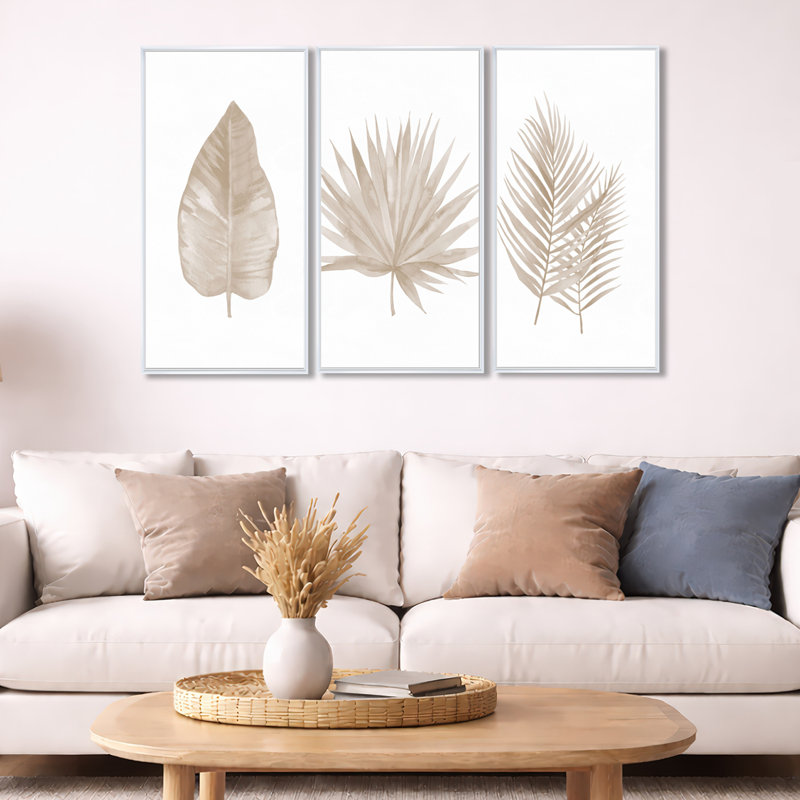 «Tropical Leaf», ensemble d'art mural sur toile, impression de décoration botanique beige - feuilles beige tropical, Blanc