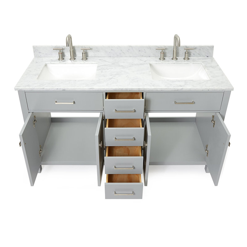 61'' Double Bathroom Vanity with Carrara Marble Top, Grey