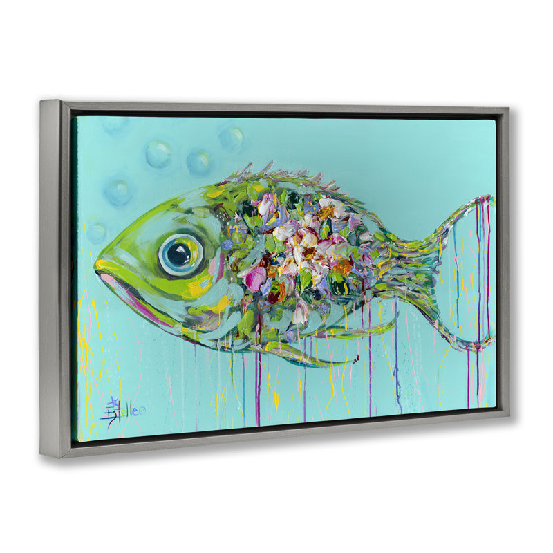  Painterly Drip Fish Canvas by Estelle Grengs, 17" H x 25" W, Luster Gray Floater Frame