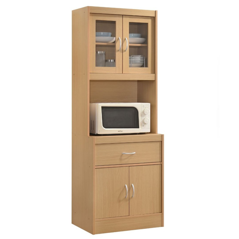 Kitchen Cabinet 22.7 inch Wide Freestanding China Display Hutch with Storage, Microwave Shelf and Utensil Drawer,, Beech