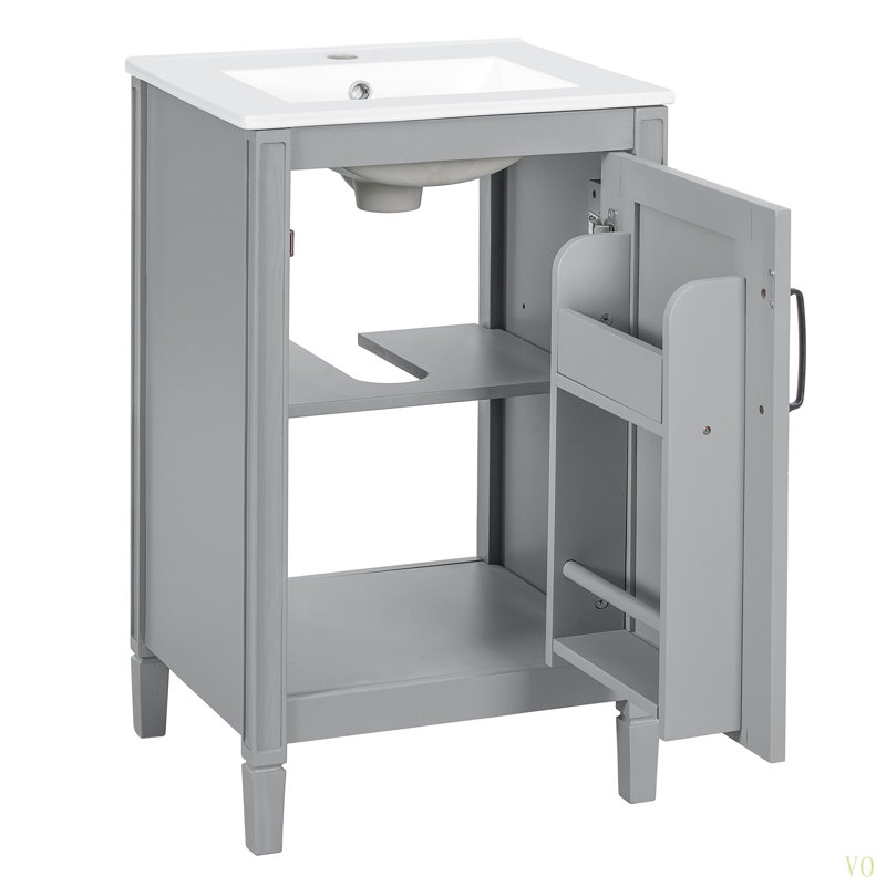 Meuble-lavabo de 20 po avec lavabo en céramique, porte à fermeture douce, tablette réglable en forme de U, support de rangement pour porte, armoire autoportante moderne pour les petites salles de bain