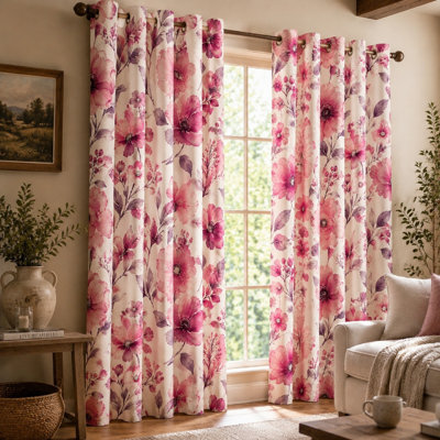2Pcs Floral Print Sun Blocking Curtains, Botanical Garden Style, Artistic Watercolore Impression Flower Pattern Grommet Top, for Bedroom and Living Room Decoration for Home Dector
