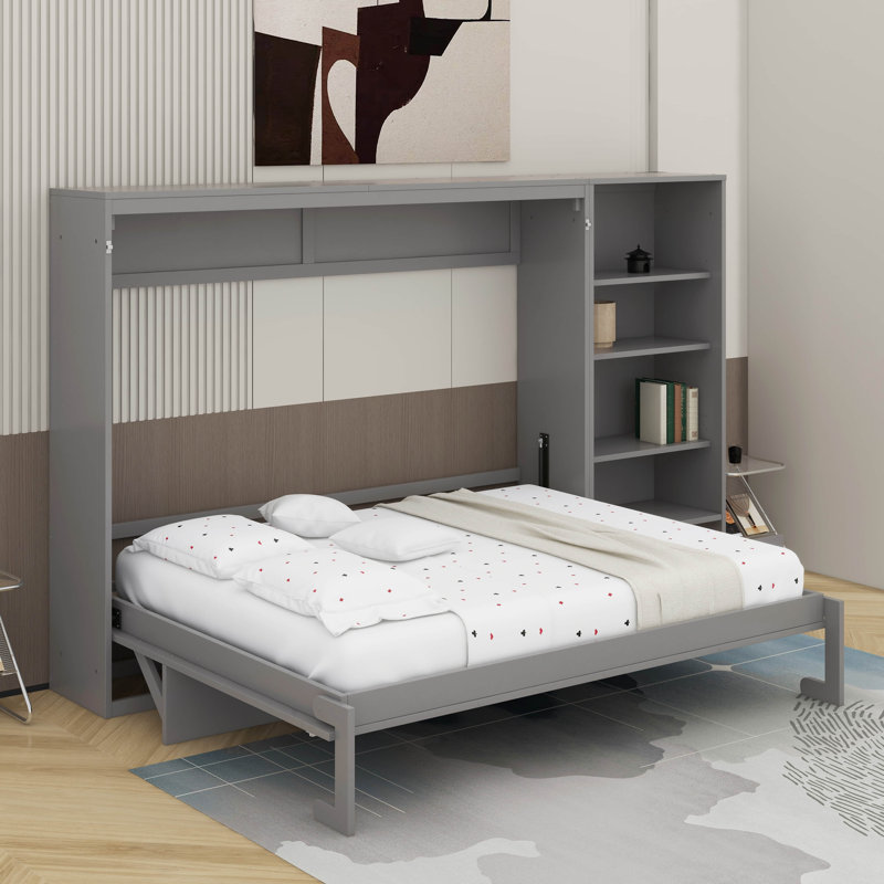 Grand lit escamotable avec compartiments de rangement à hauteur réglable et tablette, Gris