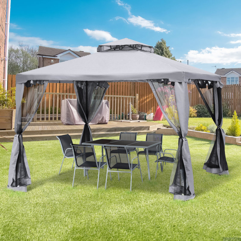 Outsunny 9.6' X 9.6' Patio Gazebo, Outdoor Canopy Shelter With 2-Tier Roof And Netting, Steel Frame For Garden, Lawn, Backyard, And Deck