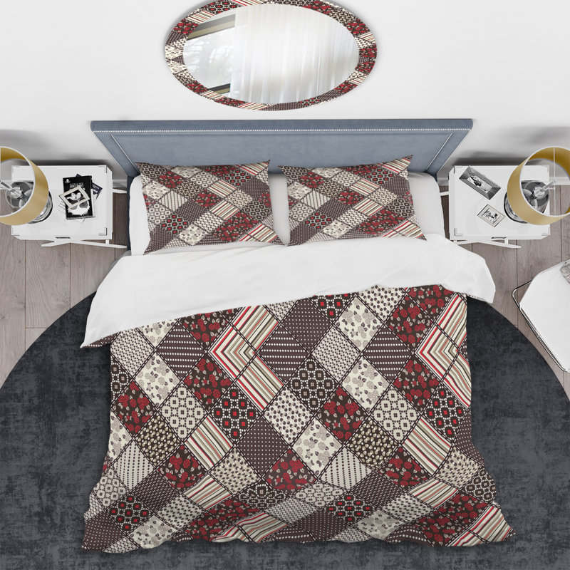 Patchwork brun et gris - ensemble de housse de couette abstrait - microfibre de polyester