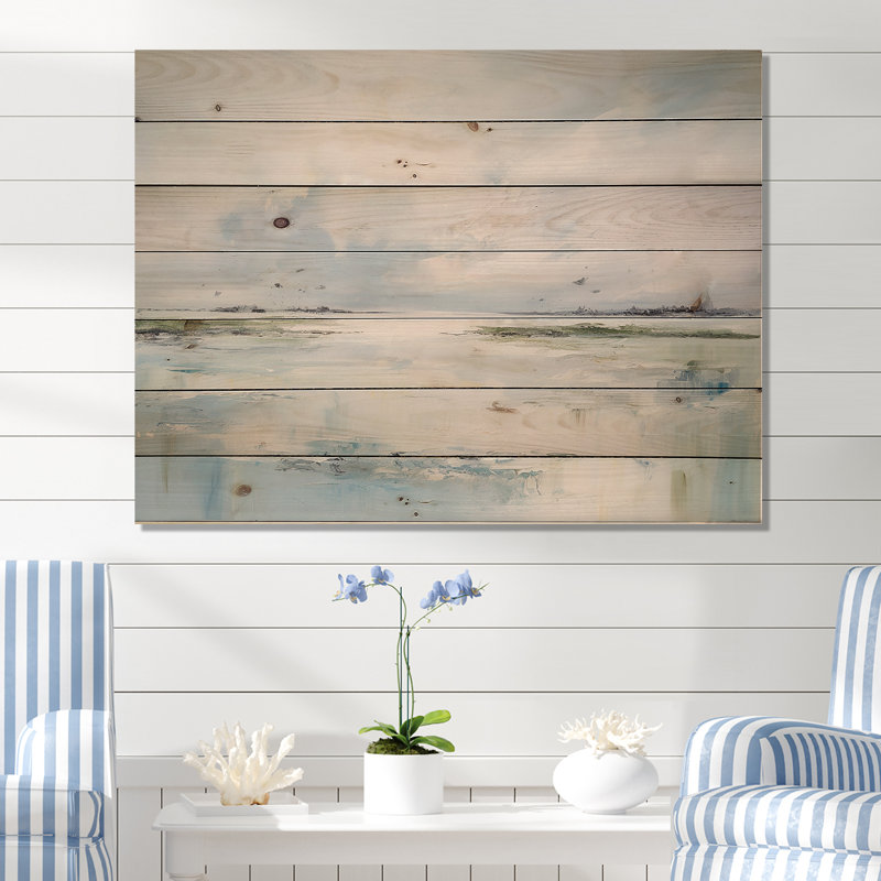 Soft Color Beach Horizon - Coastal Minimalism Wood Wall Art On Natural Pine Wood, 30" H x 40" W
