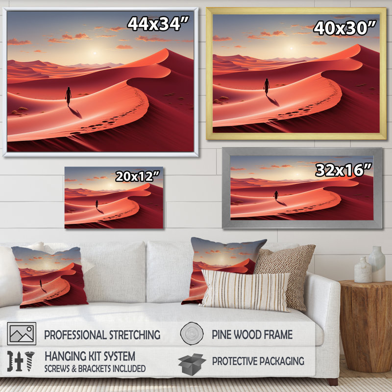 Dunes vermillon rouges et jaunes désert Wanderer II - désert, art mural, Cadre flottant doré, H 24 po x l 32 po x P 1 po