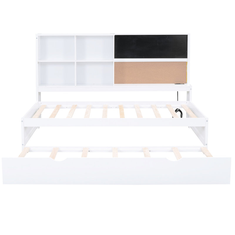 Lit de jour simple avec lit gigogne, planche de liège et rangement - Construction en bois blanc