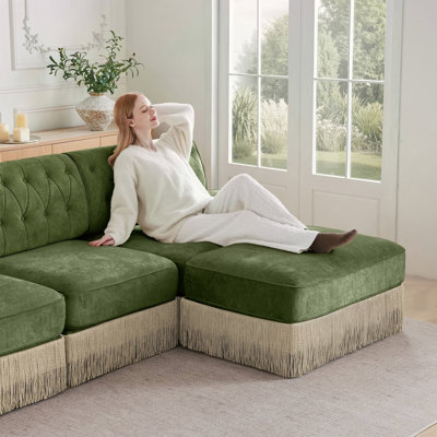 Soft Velvet Fabric Chesterfield Style Sofa,Button Tufted Design,Floor-grazing Tassel Fringe Skirt,Easy to Assemble,Free Combination,For Living Rooms R