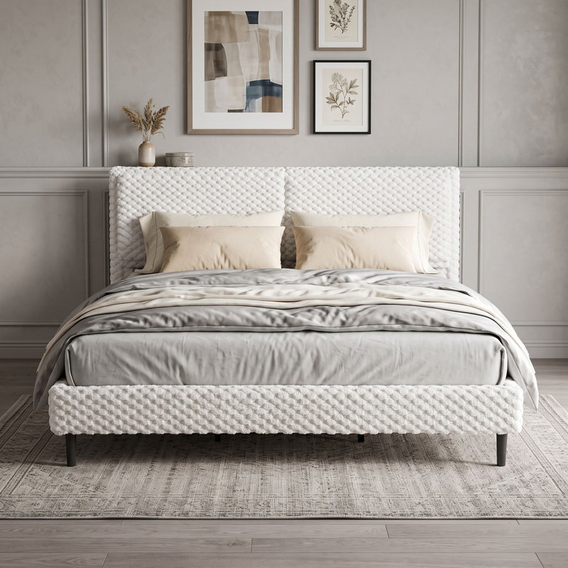Lit plateforme tapissier avec tête de lit, Très grand lit, Blanc