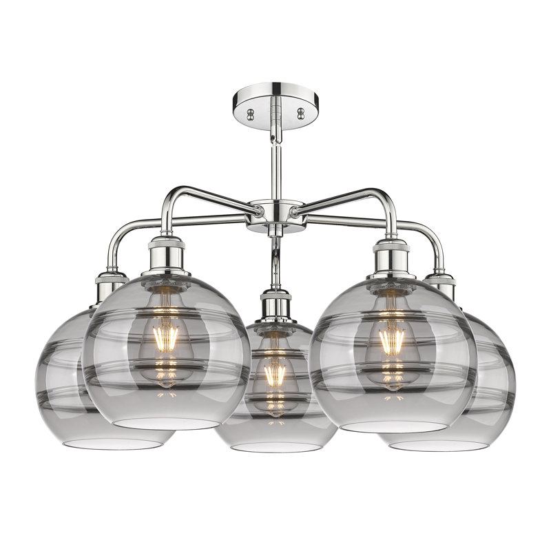 Lustre rond / ovale à abat-jour 5 lumières, H 15,38 po x l 26 po x P 26 po, Gris fumée clair, Chrome poli