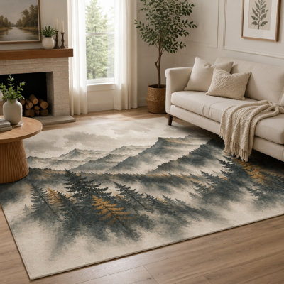 Tapis à motif de paysage de forêt brumeux 1Pcs - Scène de montagne sereine avec des pins, conception artistique naturelle, lavable, tapis antidérapant à envers antidérapant pour le salon, la chambre à coucher et le bureau