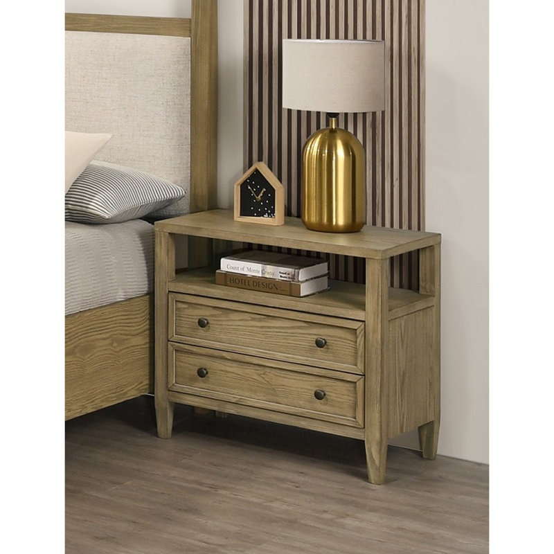 Table de chevet rustique beige / beige pour chambre à coucher, 2 tiroirs, tablette ouverte, bois massif et structure durable 2 chambres avec beige foncé