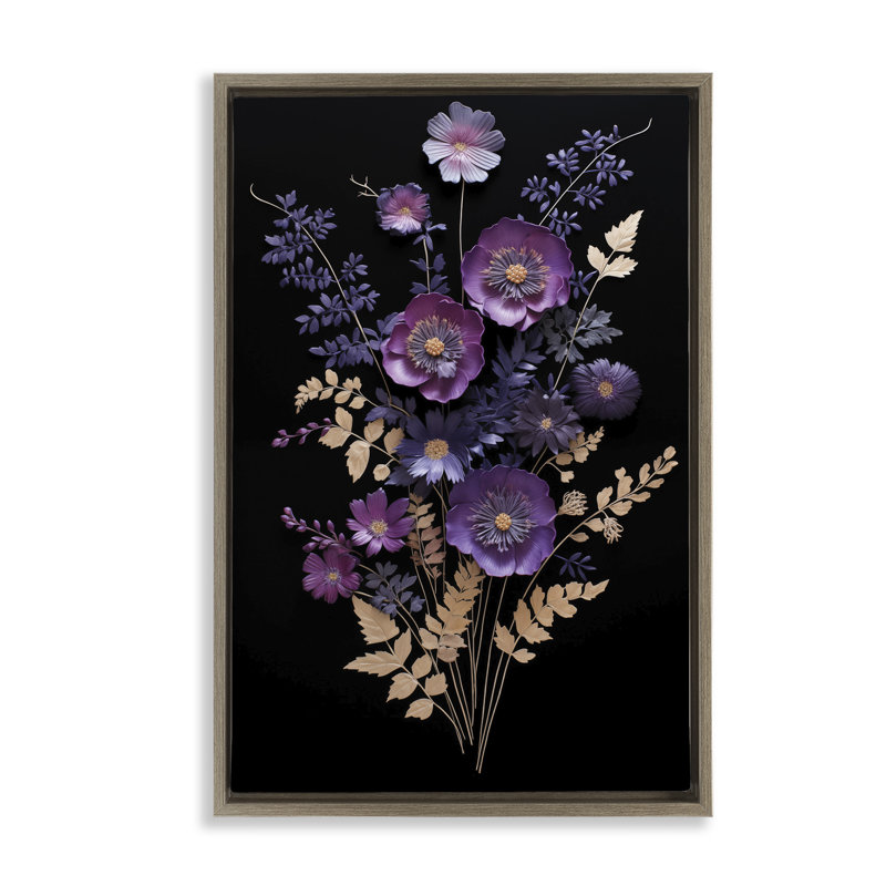Cadre dimensionnel fleurs mauves flottantes, design par Heidi Kuntz, H 31 po x l 21 po, Cadre flottant orme Montalcino