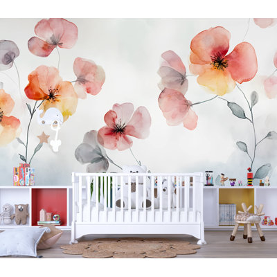 Papier peint floral délicat à l'aquarelle avec fleurs - romantique pastel, art mural botanique féminin pour chambre à coucher, studio ou espace inspiré de la nature