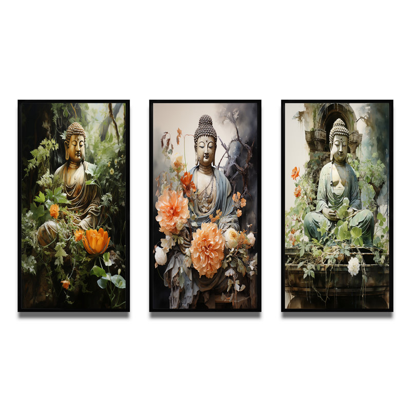 «Green Buddhist Art Buddhas Serene», 3 pièces sur toile, Cadre noir, H 28 po x l 36 po