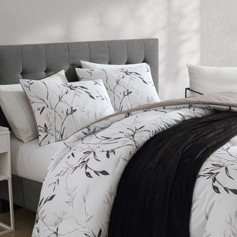 Full Black and Warm Grey Microfiber Reversible Bedspread Set