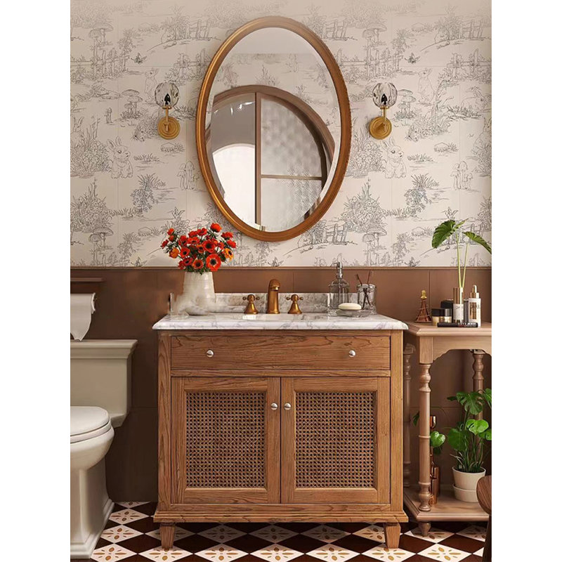 Meuble-lavabo en bois d'hévéa de style japonais avec plateau en pierre frittée
