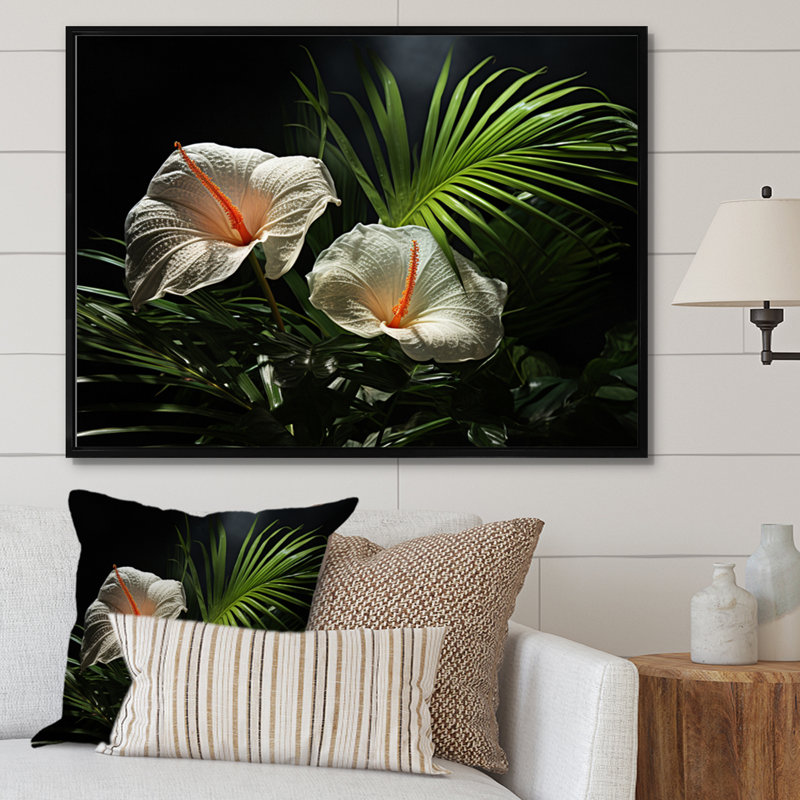 " White Anthurium In Tropical ", 16" H x 32" W x 1" D, Black Floater Framed