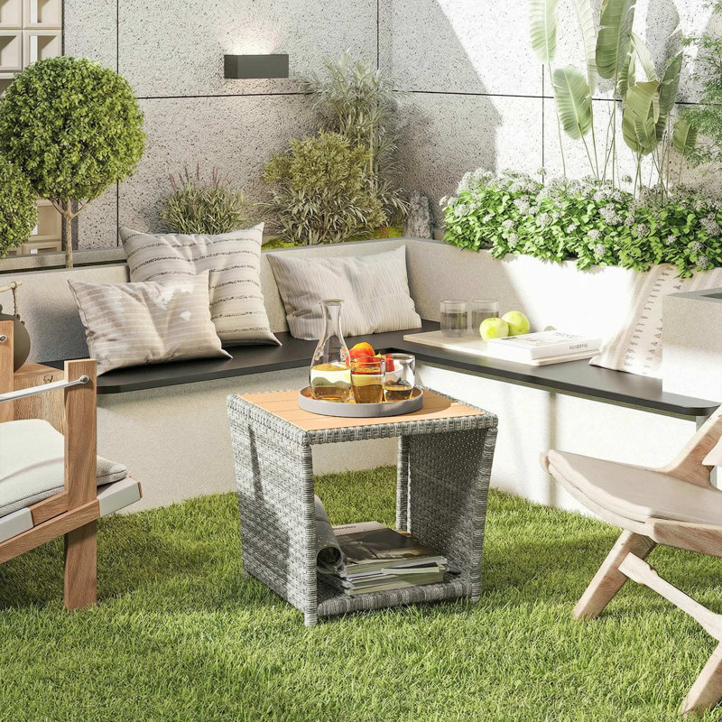 Square Metal Outdoor Side Table , 45cm cm W 45cm cm D, Natural Top/Light Grey Base