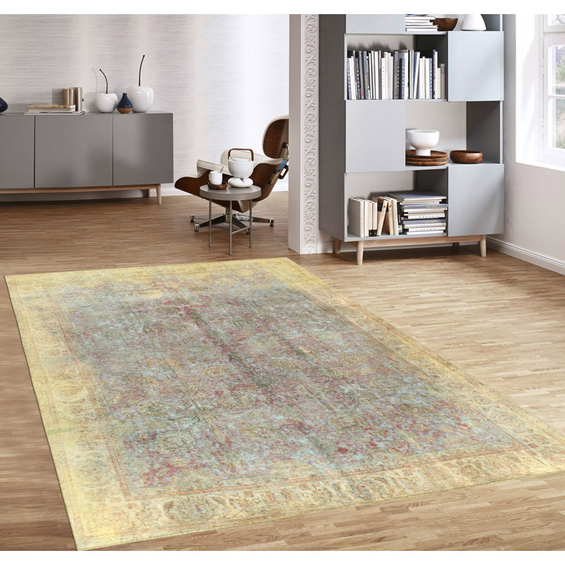 Tapis beige / bleu clair / rouge