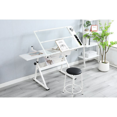White Adjustable Drafting Table With Chair - Tempered Glass Desk, 24" Slide-up Pencil Ledge, Scratch, Storage For Artistic Supplies Chair, Top, 31.5"-