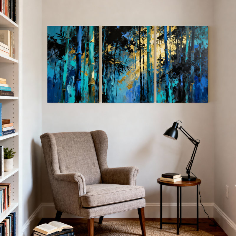 Abstrait bleu forêt de bambou, ensemble de 3 reproductions d'art sur toile, H 18 po x l 36 po