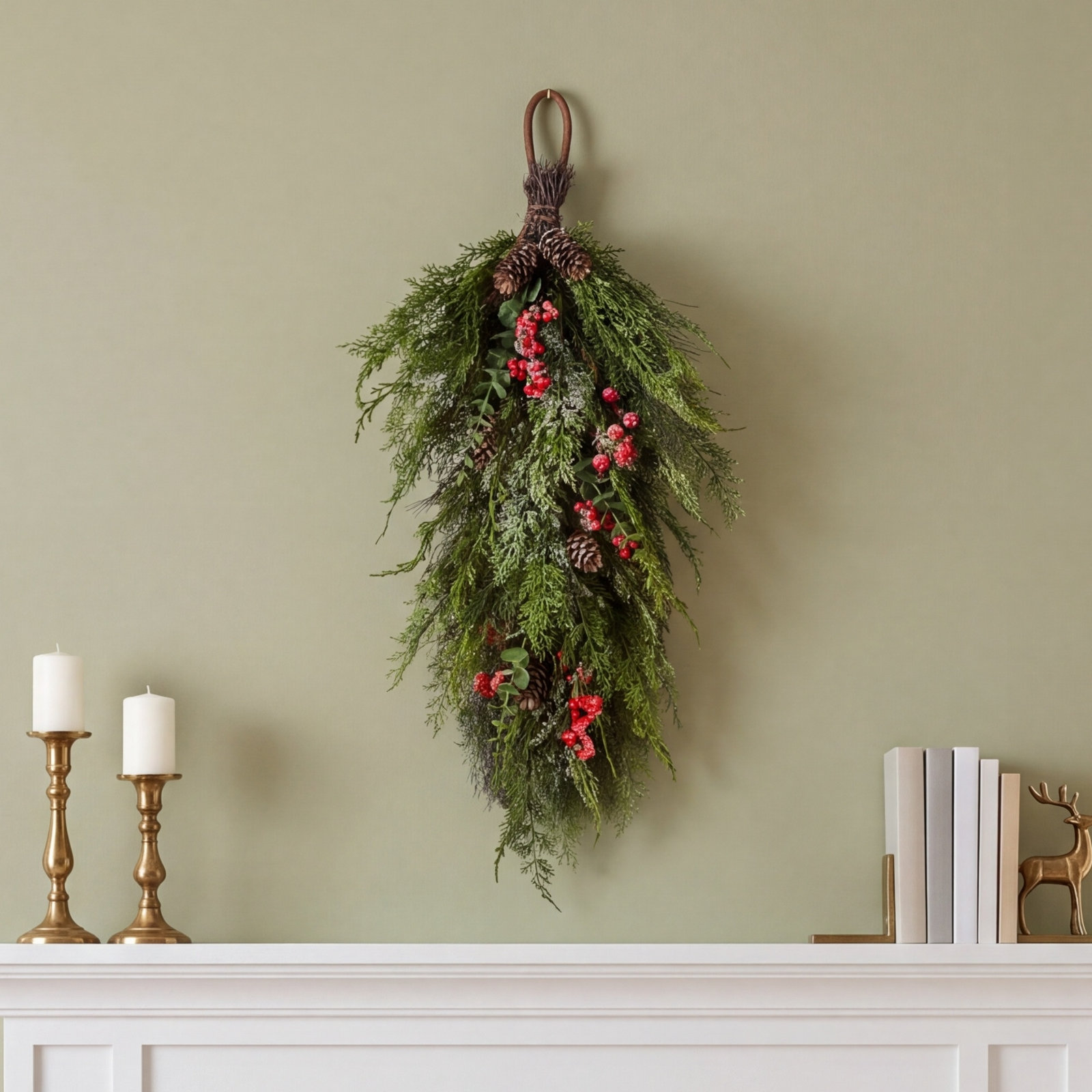 31.5" Frosted Greenery PE Dripping Christmas Teardrop – with Pinecones & Red Berries