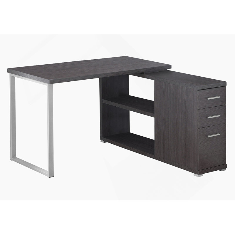 Bureau d'ordinateur contemporain en forme de L avec tiroirs de rangement, tablette réglable et base en métal pour un bureau à domicile moderne