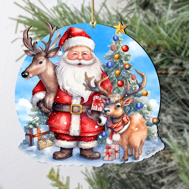 Handcrafted Santa with Reindeer Wooden Holiday Ornament