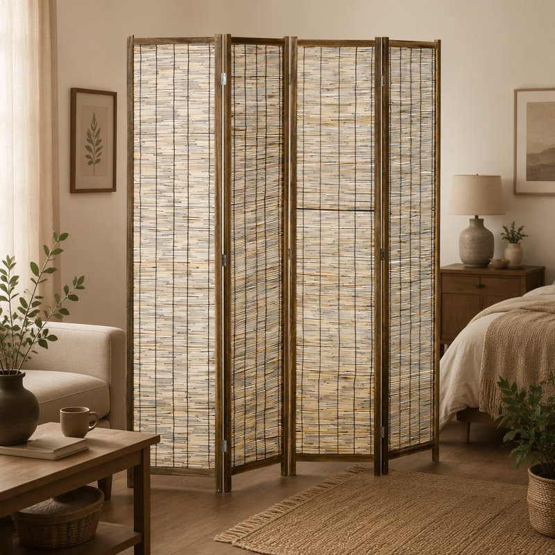 Cloison pliante à 4 panneaux, écrans d'intimité portables, roseau tissé à la main et bois carbonisé pour la maison et le bureau