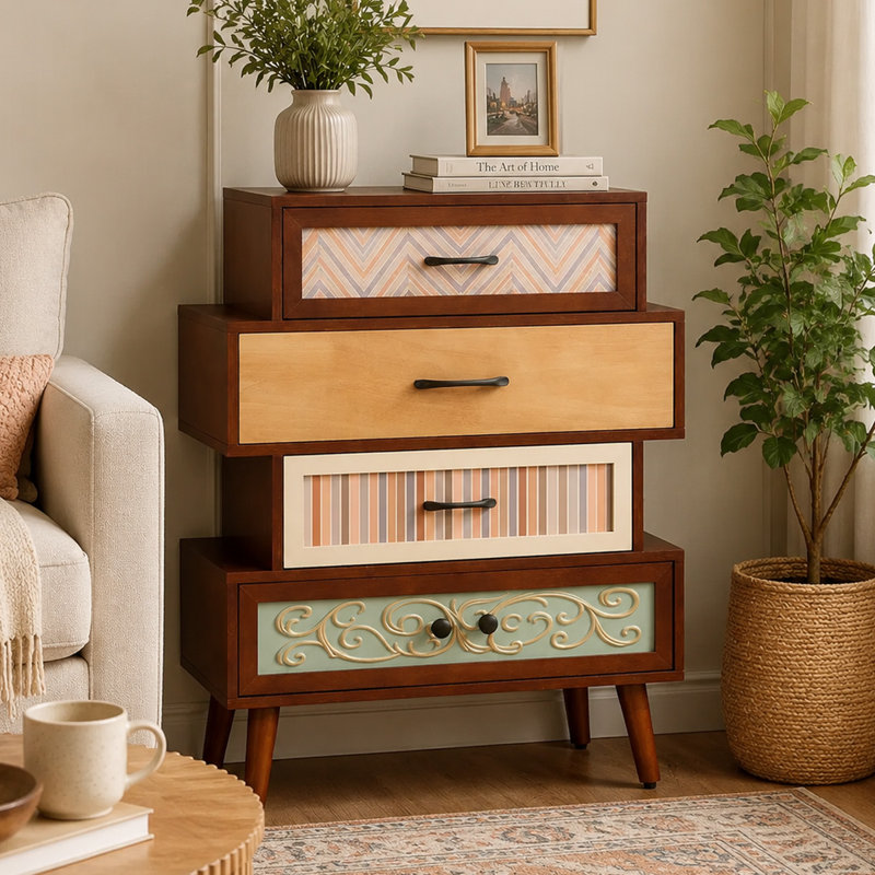 Cayden 26"W 4-Drawer Accent Chest with Mixed-Pattern Drawers, Vintage Wood Storage Cabinet