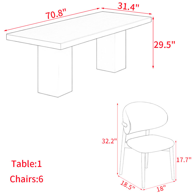 Ensemble de table à manger moderne en bois massif de style japonais, H 29,5 po x L 70,8 po x l 31,4 po