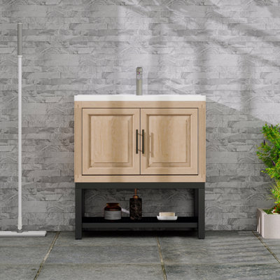 Meuble-lavabo 32 po avec lavabo en céramique blanc et robinet d'eau chaude et froide, armoire de salle de bain autoportante avec 2 portes de rangement et tablette ouverte en fer